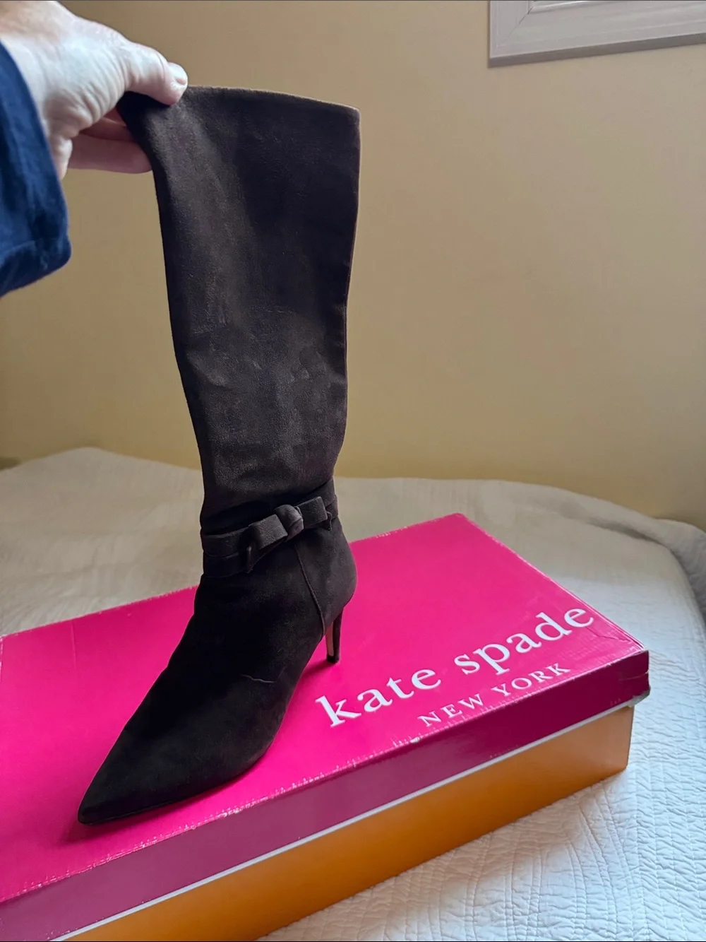 kate spade Dark Brown Suede Pointed-Toe Mid-Calf Heeled Boots with Bow